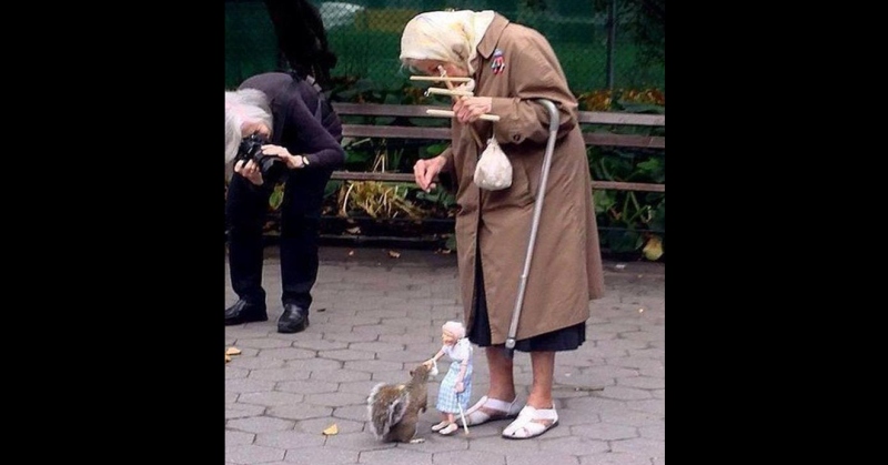 old lady feeds squirrel with her marionette version fb3
